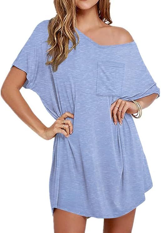 Ekouaer Womens Tshirt Nightgown Cotton V Neck Sleepshirts Comfy Casual Nightshirt for Women      ... | Amazon (US)