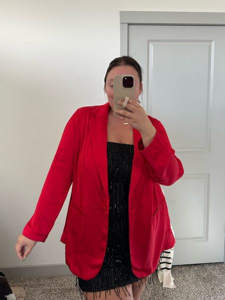 Plus size holiday party outfit inspo! Sequin dress and pop of red satin blazer can both be worn so many ways! Size xxl in both. 

#LTKfindsunder50 #LTKplussize #LTKsalealert