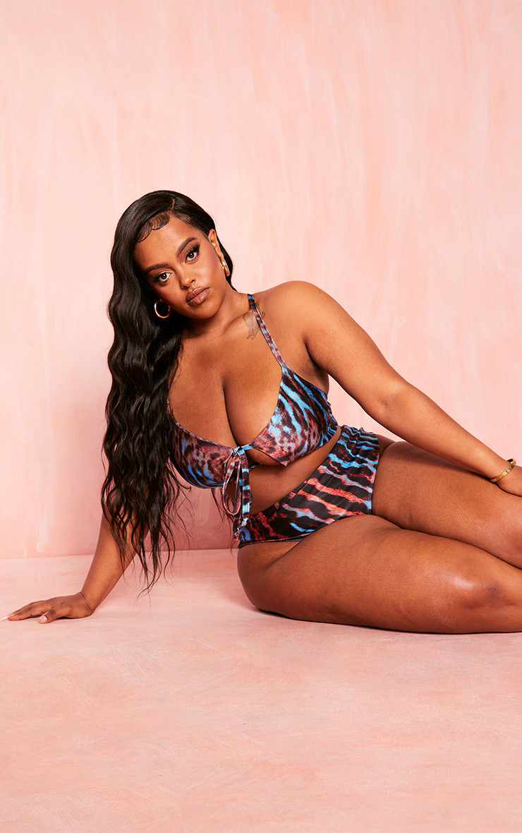 Plus Leopard Print Tie Front Bikini Top | PrettyLittleThing US