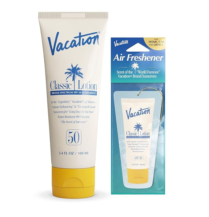 Vacation Classic Sunscreen Lotion SPF 50 + Air Freshener Bundle, Water Resistant Broad Spectrum S... | Amazon (US)