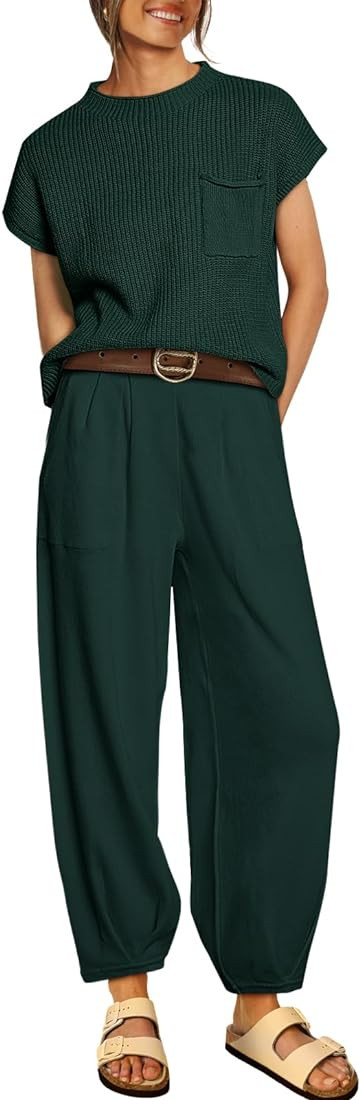 LILLUSORY 2 Piece Outfits For Women Trendy Lounge Sets Cozy Knit Sweater Short Sleeve Fashion Lou... | Amazon (US)