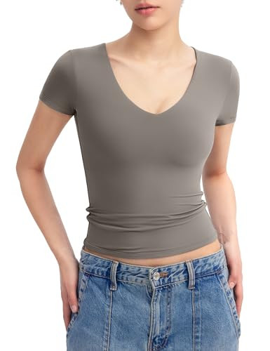 PUMIEY Summer Tops for Women V Neck Short Sleeve T Shirts Sexy Going Out Tops Basic Slim Fit Tee, Elephant Grey Large | Amazon (US)
