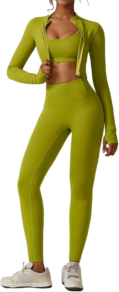 Yknktstc 3 Piece Workout Sets for Women with Strappy Sports Bras High Waist Leggings Crop Top Jac... | Amazon (CA)