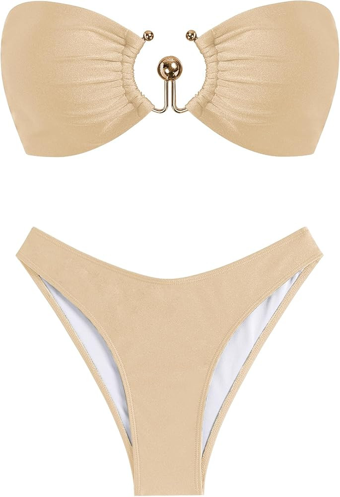 ZAFUL Womens Bandeau Bikini Set Metallic Sparkly O Ring Lace Up Tie Side High Cut Tanga Sexy Bath... | Amazon (US)
