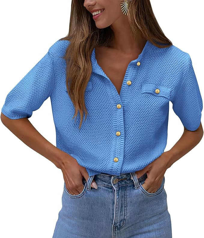 PRETTYGARDEN Women's Summer Button Down Shirts Casual Short Sleeve Crew Neck Ribbed Knit Blouse T... | Amazon (US)