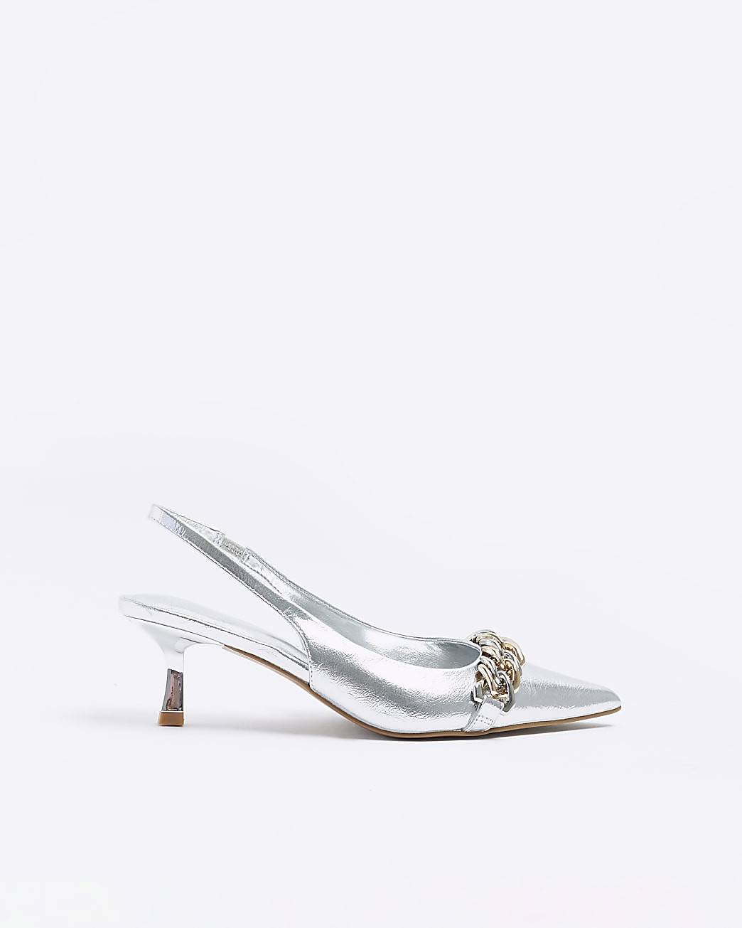 Silver chain sling back heeled court shoes | River Island (UK & IE)