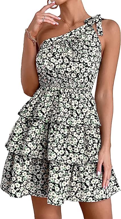 PRETTYGARDEN Women's Summer Tie One Shoulder Boho Floral Dress Elastic Waist Tiered Ruffle A Line... | Amazon (US)