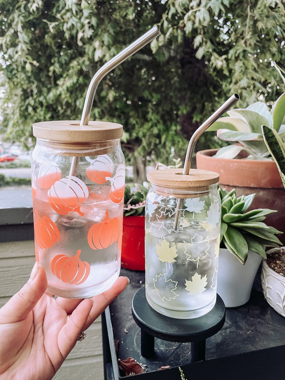 Fall, Autumn Soda Can Glass / Orange Pumpkins & Leaves Color Changing Beer glass Can / beer glass... | Etsy (US)