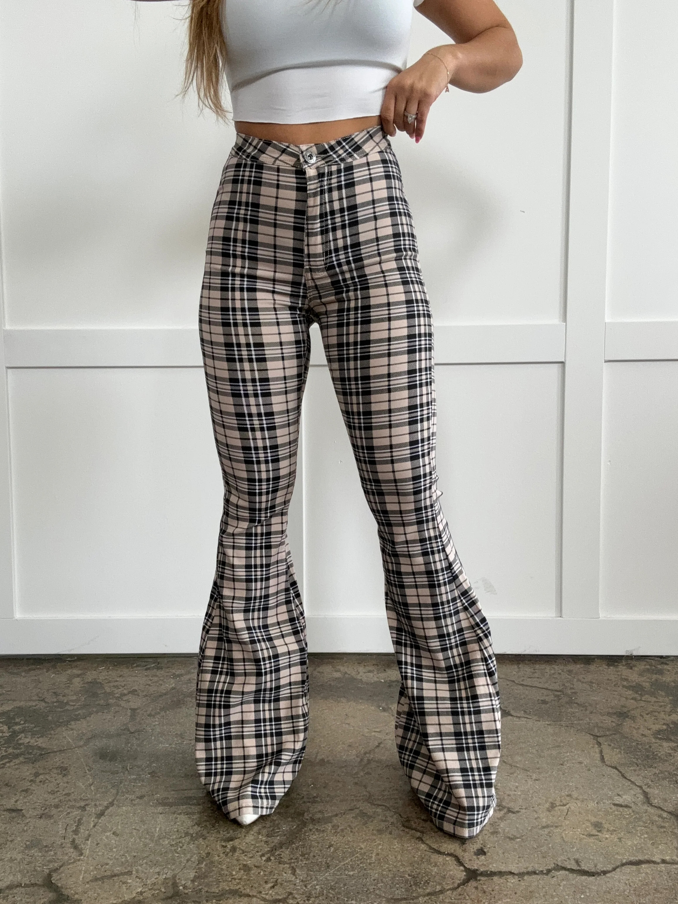 Gretchen High Waisted Plaid Flare Jeans | Willow Boutique