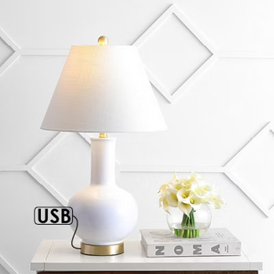 JONATHAN Y Han 27" Ceramic/Iron Contemporary USB Charging LED Table Lamp, White/Brass Gold | Target