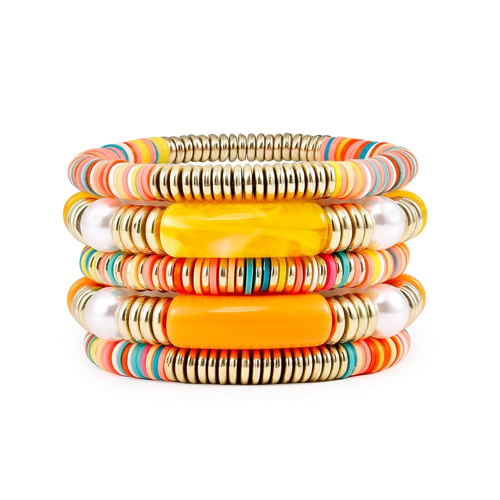 Bamboo Tube Bangles Bracelet Curved Stacking Clear Acrylic Colorful Beads Stretchable Friendship ... | Amazon (US)