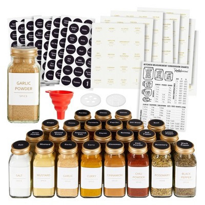 Talented Kitchen 24 Pack Large Glass Spice Bottles with 328 Preprinted Label Stickers, 6 oz Empty Square Seasoning Jars with Shaker Lids & Gold Caps | Target