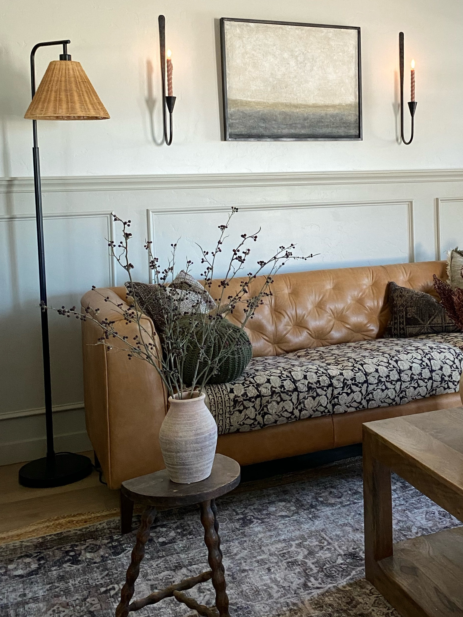Walmart rattan floor lamp on sale, living room inspo, congac tan sofa, leather sofa, loloi rug, wall sconces 

#LTKsalealert #LTKhome #LTKstyletip