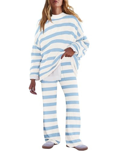LAMISSCHE Oversized Womens Lounge Set Striped Sweater Set Long Sleeve 2 Piece Pajama Set Top and Pants with Pockets(White&Lt Blue,XS) | Amazon (US)
