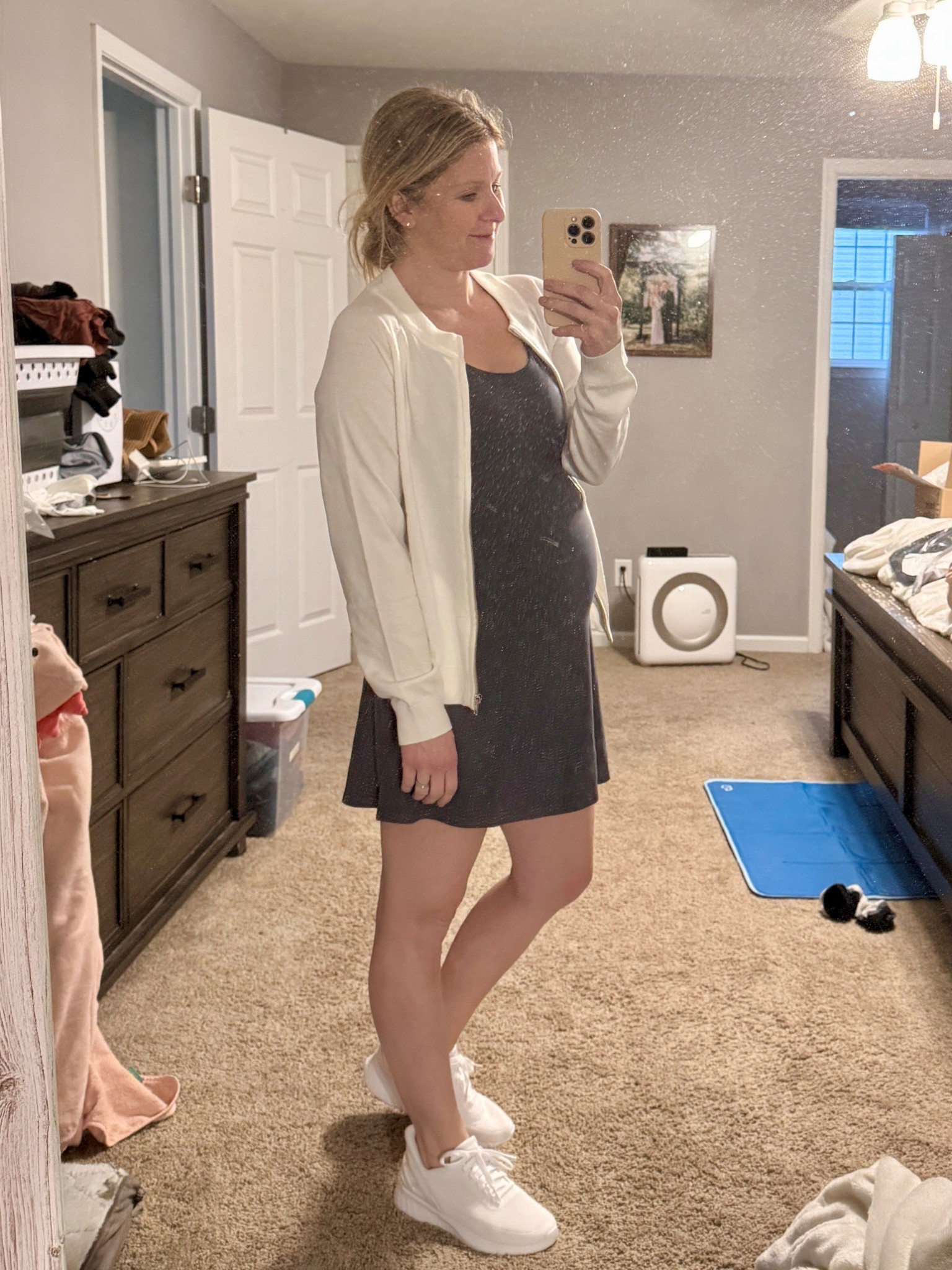 Maternity active outfit | activewear dress | cardigan | Amazon finds | slide on shoes | women’s shoes | mom style | travel outfit | golf outfit | tennis | pregnancy style | 

#LTKBump #LTKActive #LTKmomlife