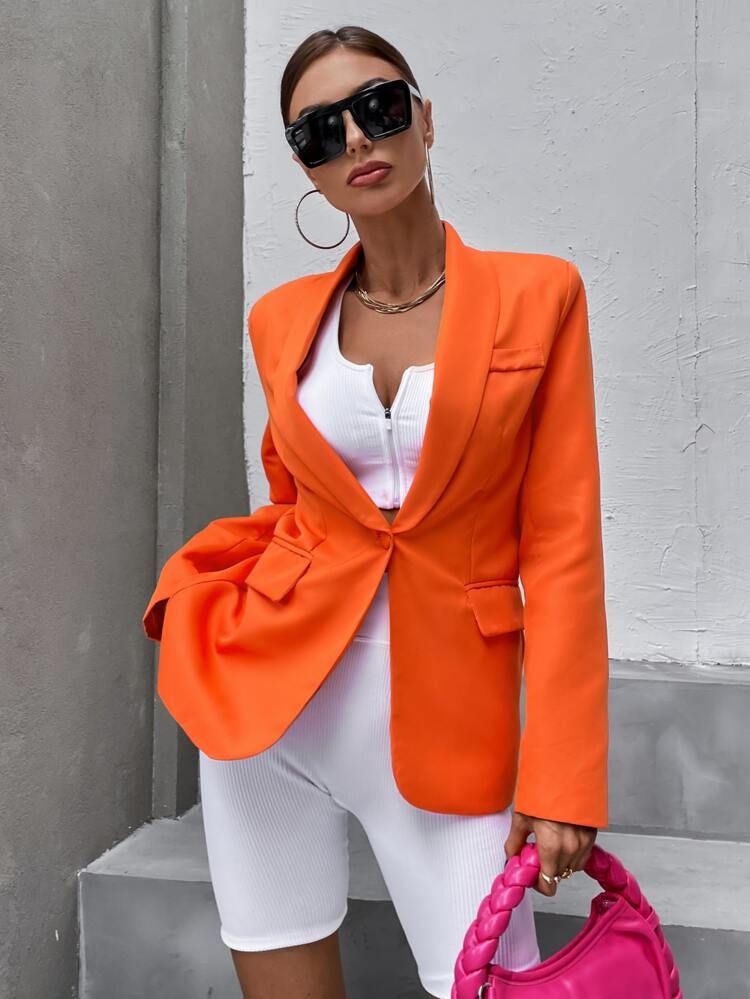 Neon-Orange Shawl Collar Single Button Blazer | SHEIN