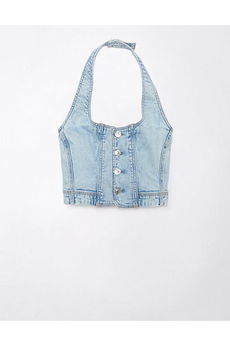 AE Cropped Denim Halter Top Women's Light Wash M | American Eagle Outfitters (US & CA)