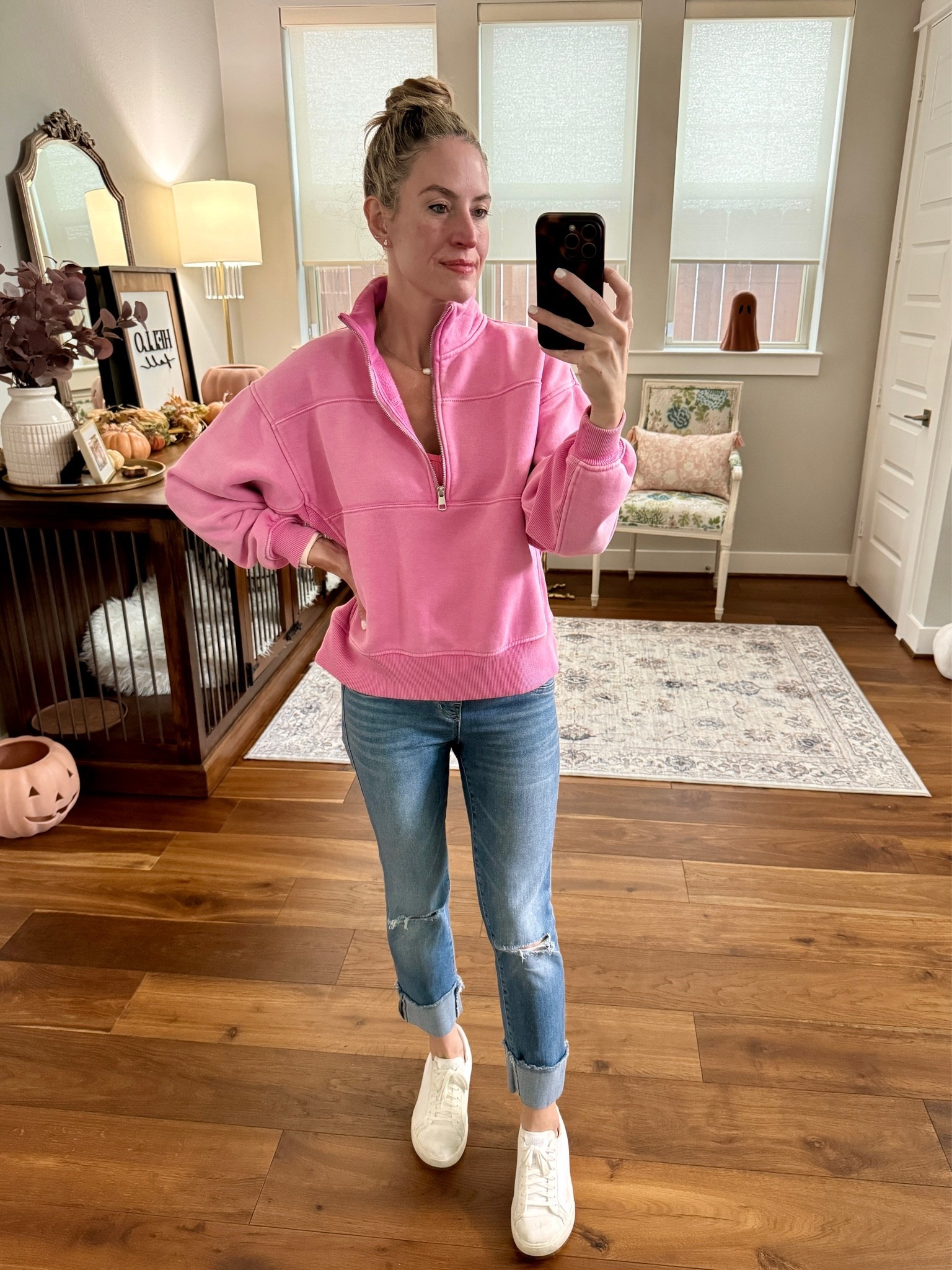 Bright and fun pink sweatshirt.  It’s not even a fall color and yet I receive compliments when I wear it. It’s such a fun color. 💗 It comes in other color options as well AND it’s soft and easy to throw on even when the temps are warm outside because it’s a loose fit. 

#everypiecefits

Casual outfit
Sweatshirt
Bright pink
Half zip 
Denim
Jeans

#LTKSaleAlert #LTKootd #LTKOver40
