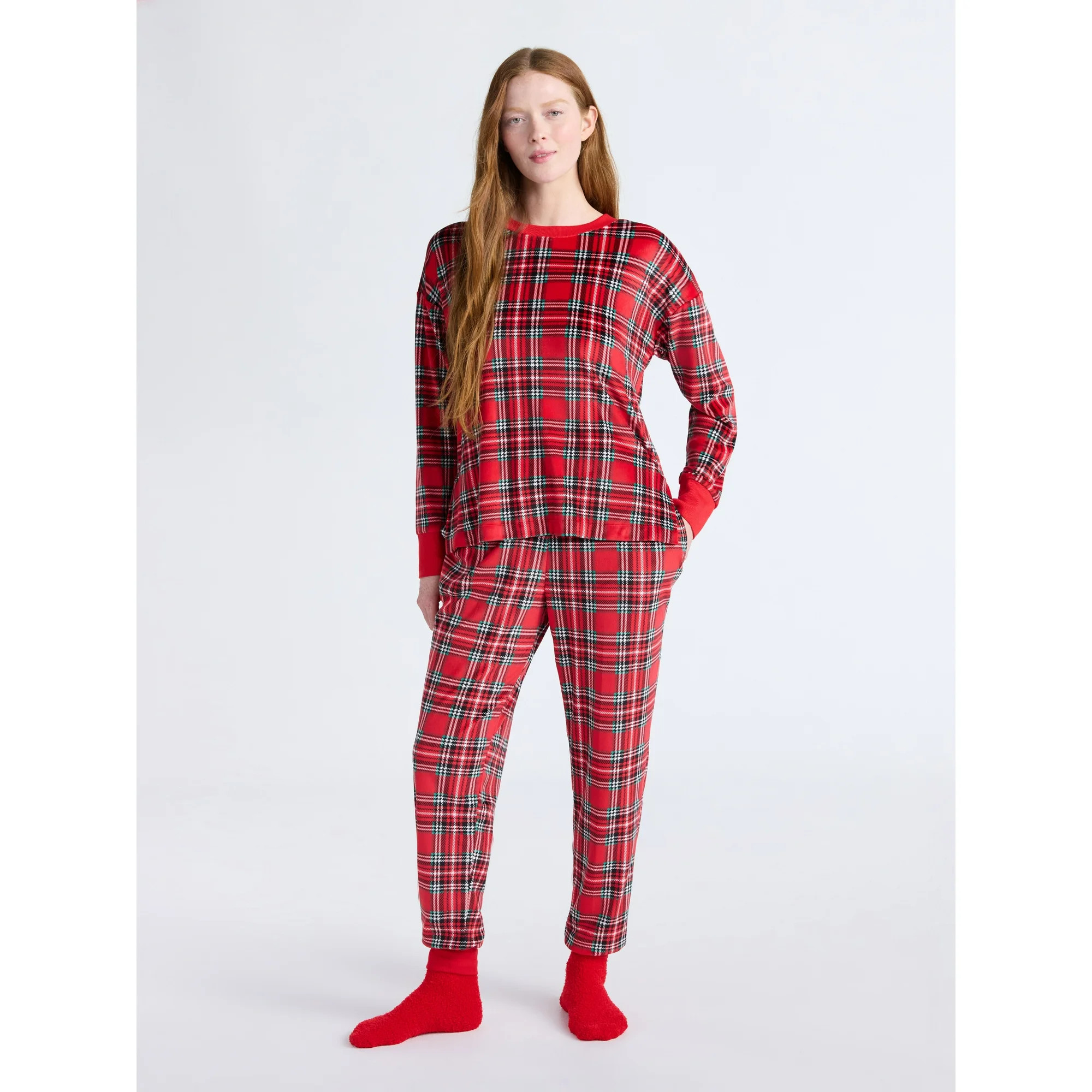 Joyspun Women’s Stretch Velour Long Sleeve Top, Pants, and Socks Pajama Set, 3-Piece, Sizes XS-... | Walmart (US)