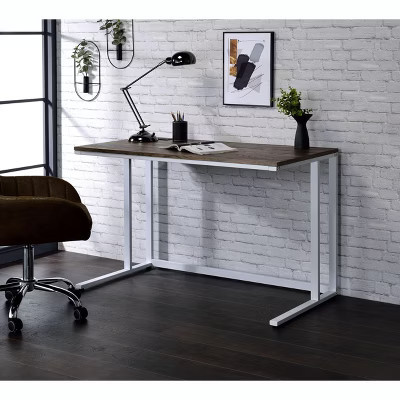 CAVINAS Home Office Desk Modern Writing Desk with Sockets and Walnut Wooden Desktop for Office, Study, White | Target