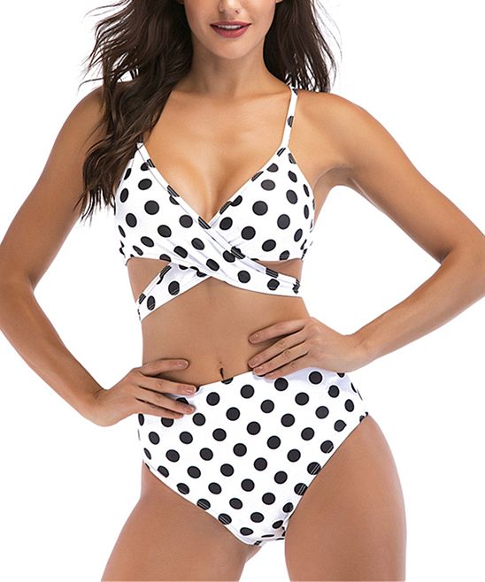 Kecole Women's Bikini Bottoms White - White & Black Polka Dot Strappy Bikini Top & High-Waist Bottom | Zulily