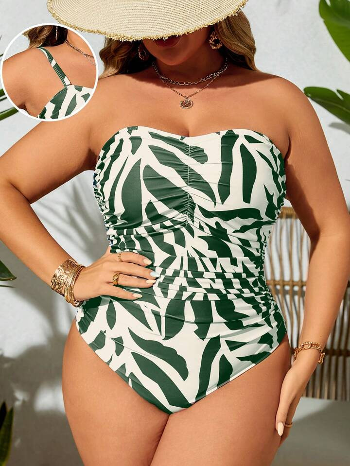 SHEIN VCAY Plus Size Women Random Printed Bandeau Swimsuit | SHEIN USA | SHEIN