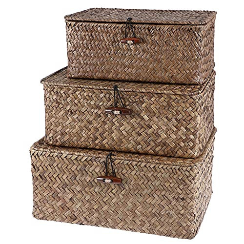 Hipiwe Shelf Baskets with Lid Set of 3 - Handwoven Wicker Basket Bins Box Lidded Home Storage Bins Seagrass Organizer Baskets Rectangular Closet Mounted Storage Boxes for Shelf | Amazon (US)