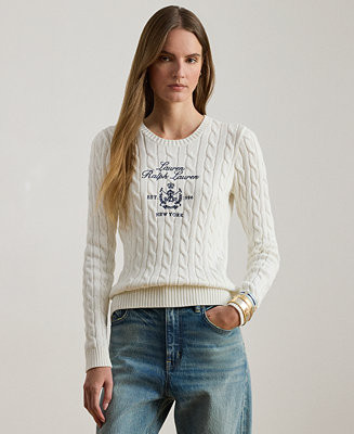 Petite Embroidered-Crest Crew Neck Sweater | Macy's