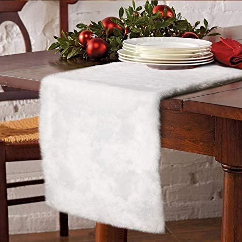 AerWo Faux Fur Christmas Table Runner, Winter Snowy White Table Runner for White Christmas Holiday T | Amazon (US)