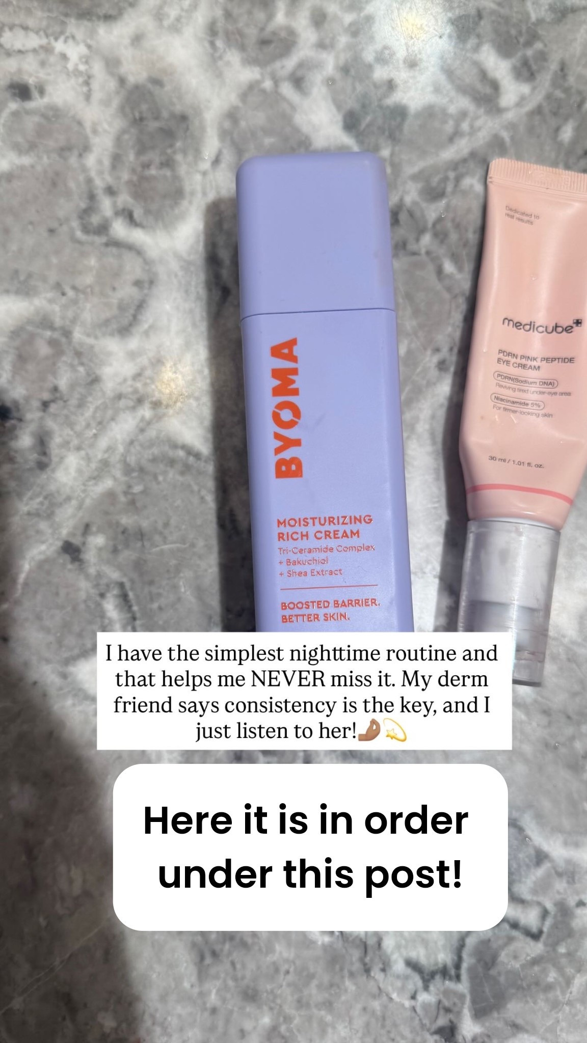 I have the simplest nighttime routine and that helps me NEVER miss it. My derm friend says consistency is the key, and I just listen to her!🤌🏽💫 Here it is in order:
