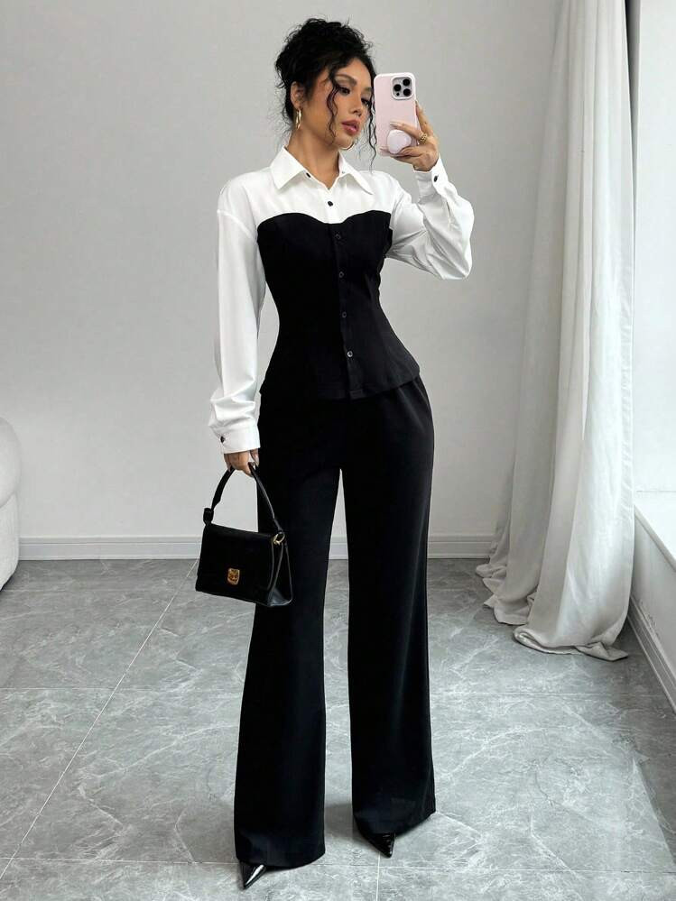 Chiquease 2pcs Set: Slim Fit Color-Blocking Black & White Blouse And Pants Fall Cloth For Women | SHEIN