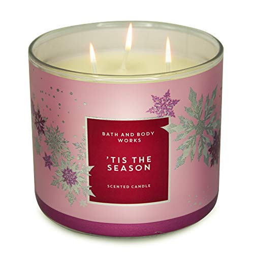 White Barn Bath and Body Works, 3-Wick Candle w/Essential Oils - 14.5 oz - 2020 Holidays Scents! (‘Tis The Season), White Soy Wax, Pink and Silver Leaf Jar Print, Gold Lid, Transparent Glass | Amazon (US)
