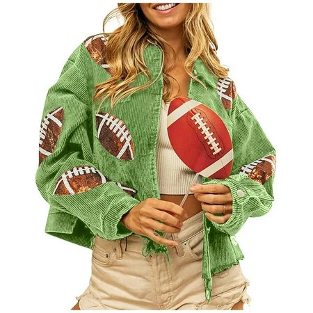QWANG Women s Cropped Corduroy Jacket Football Sequin Patched Short Button Hem Jacket Coat | Walmart (US)