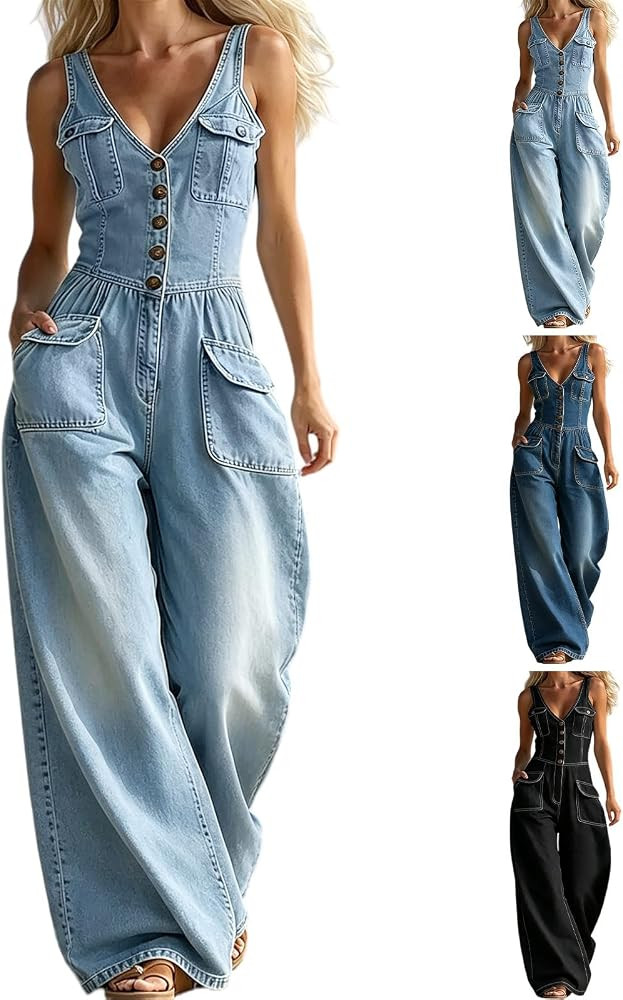 Women's Sleeveless Denim Jumpsuit V Neck Camisole Smocked Waist Wide Leg Long Jean Romper Summer ... | Amazon (US)