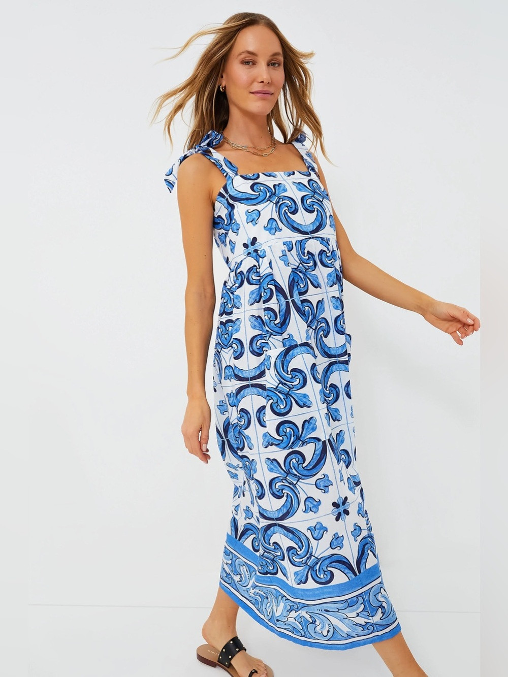 Tuckernuck Capri Blue Majolica Tile Tie Shoulder Caftan Cotton Maxi Dress XS NWT | Poshmark