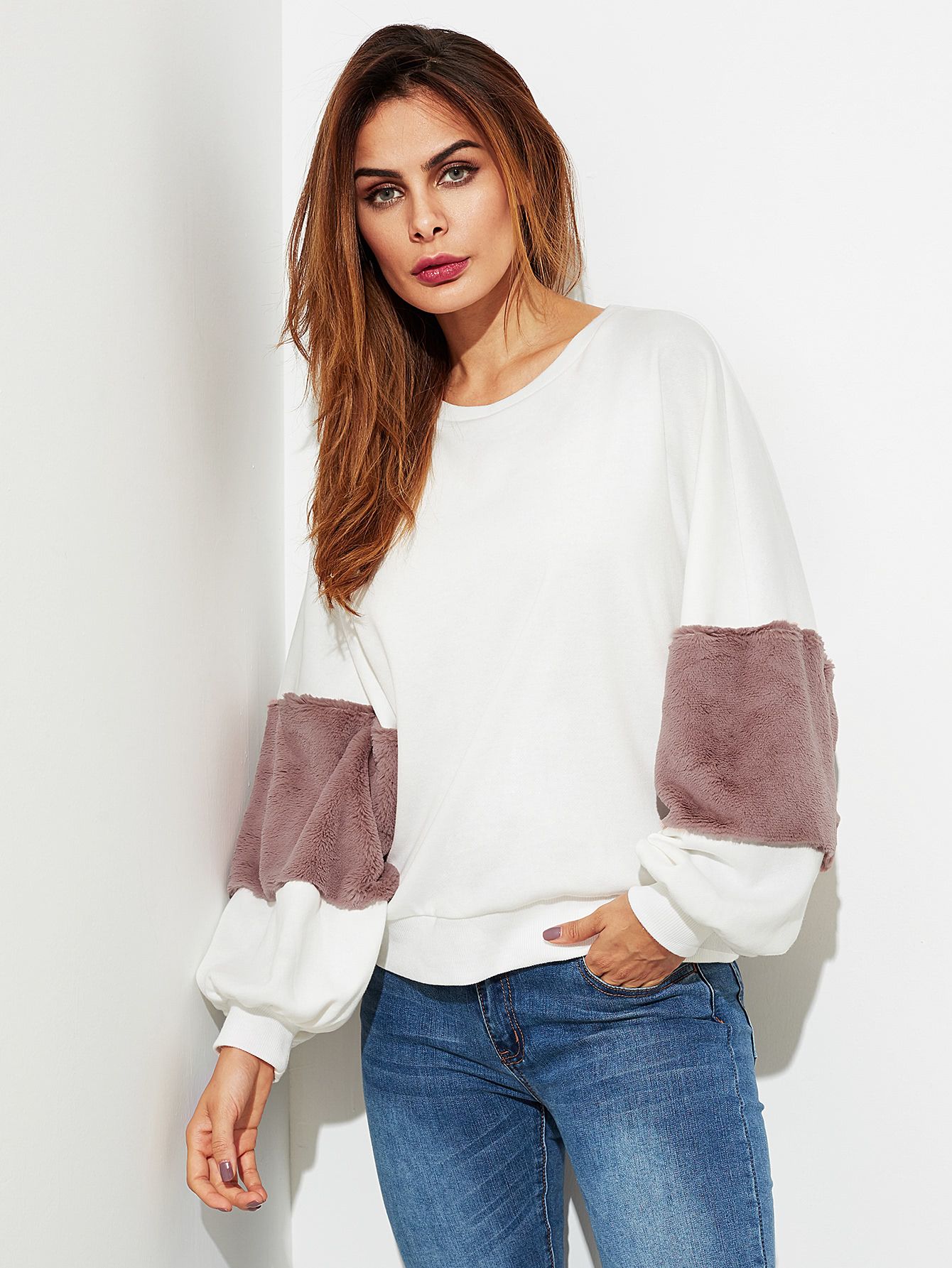Fuzzy Fabric Detail Exaggerate Sleeve Pullover | SHEIN