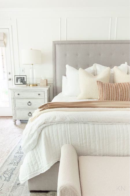 It’s easy to change the look in a space when you start with a neutral palette. home decor bedroom decor white bedding gray nightstand glass lamp Sherpa storage bench area rug 

#LTKhome #LTKfamily #LTKstyletip