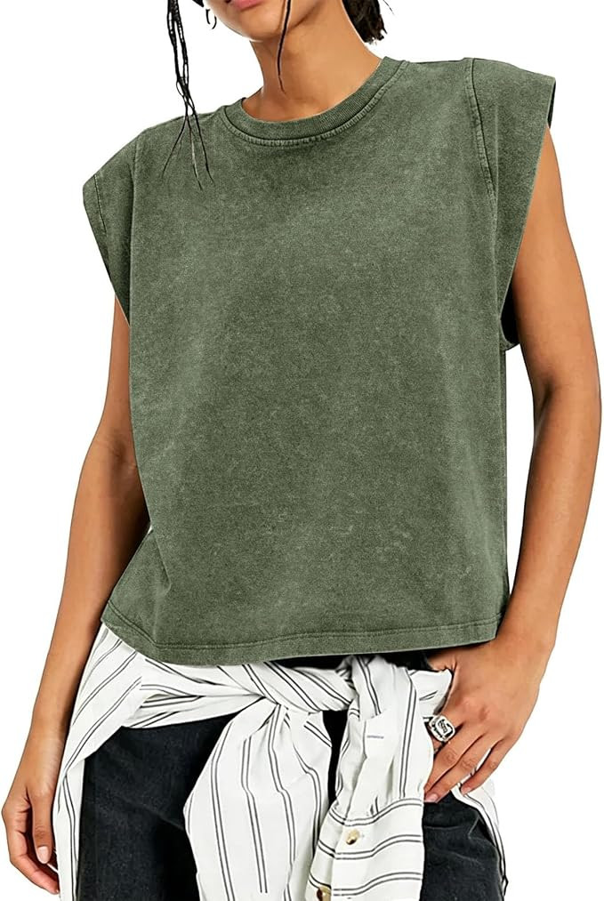 Acid Wash Womens Tank Tops Oversized Cap Sleeve Crew Neck T Shirts Cotton Vintage Muscle Tee Stre... | Amazon (US)