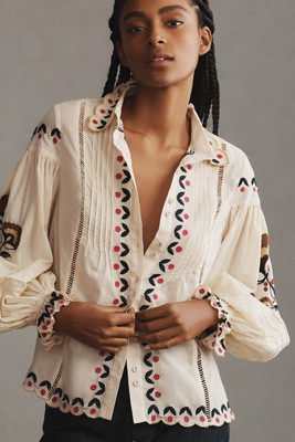 Farm Rio Palms Paradise Sand Embroidery Blouse | Anthropologie (US)
