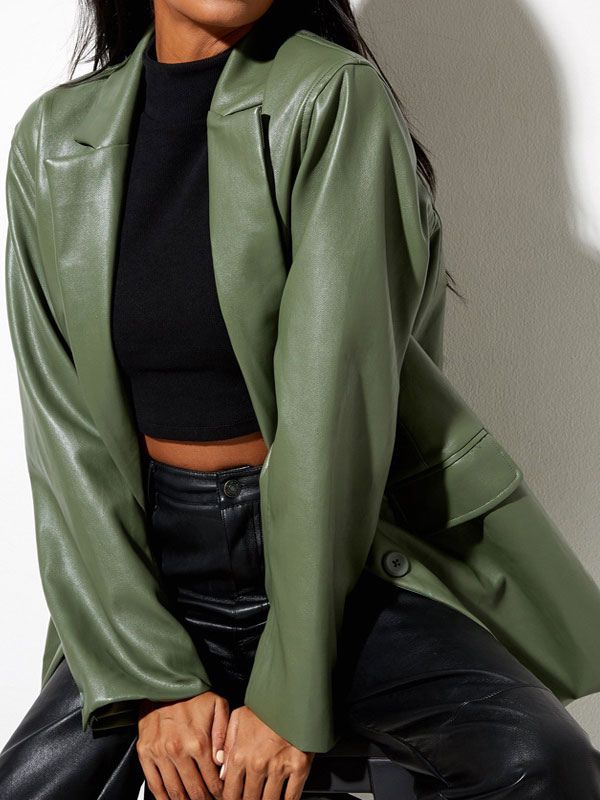 Women Blazer Coat Chic V Neck Buttons Long Sleeves Oversized Pu Leather Green Blazer Coat Cozy Ac... | Milanoo