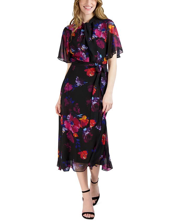 Donna Ricco Women's Floral-Print Belted Flutter-Sleeve Dress & Reviews - Dresses - Women - Macy's | Macys (US)
