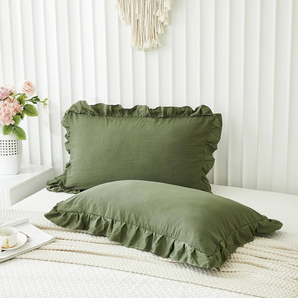 Olive Green Pillow Shams Dark Green Ruffle Standard Pillowcases Cute Pillow Cover Set of 2 Shabby... | Amazon (US)