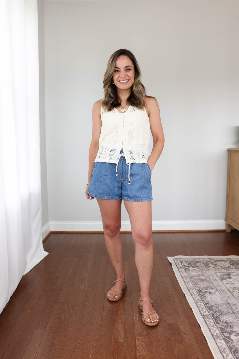 Five petite-friendly casual comfortable summer outfits! 

Drawstring shorts (Target): xs 
Crochet vest (LOFT): petite xxs 
Camisole (Kohl’s): small

#LTKPetite