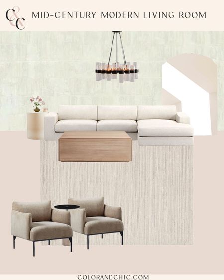 Mid-century modern living room with white Boucle sectional, taupe velvet accent chairs, floor mirror, wallpaper and more! Love this look for a neutral interior  

#LTKstyletip #LTKhome