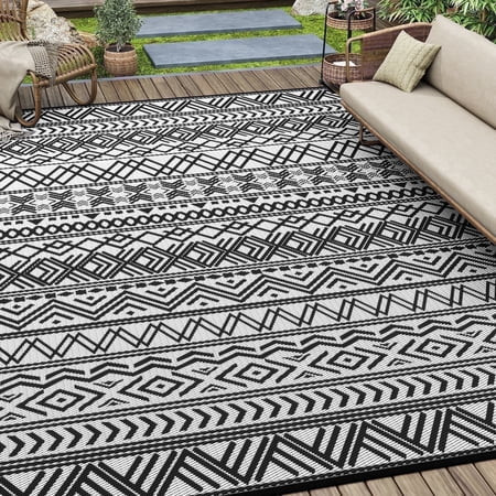 SIXHOME Outdoor Rug 5'x8' Waterproof Reversible Patio Rug Boho Geometric Indoor Outdoor Rugs Lightweight Plastic Straw Ourdoor Carpet for RV Camping Deck Balcony Modern Porch Decor Black and White | Walmart (US)