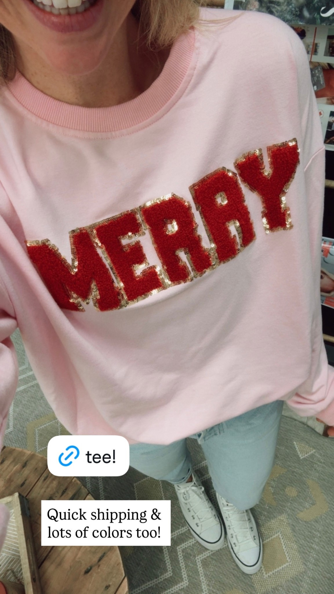 Merry tee! Super cute letter patch long sleeve t shirt wearing size small, great length too! Fast shipping from Amazon ❤️💕