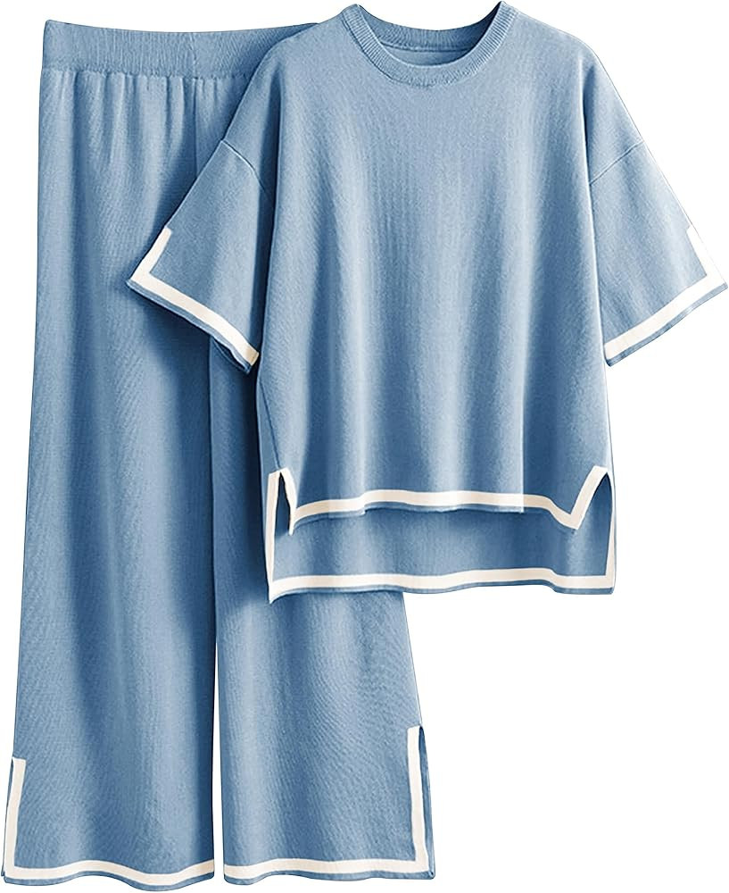 Tanming Sweater Sets Women 2 Piece Lounge Sets Short Sleeve Knit Pullover Tops Wide Leg Pants | Amazon (US)