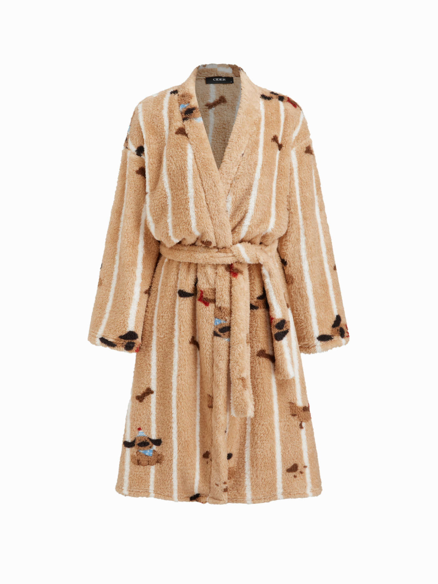 Fleece Fleece V-neck Dog Pattern Stripe Robe With Belt For Bedroom | Cider