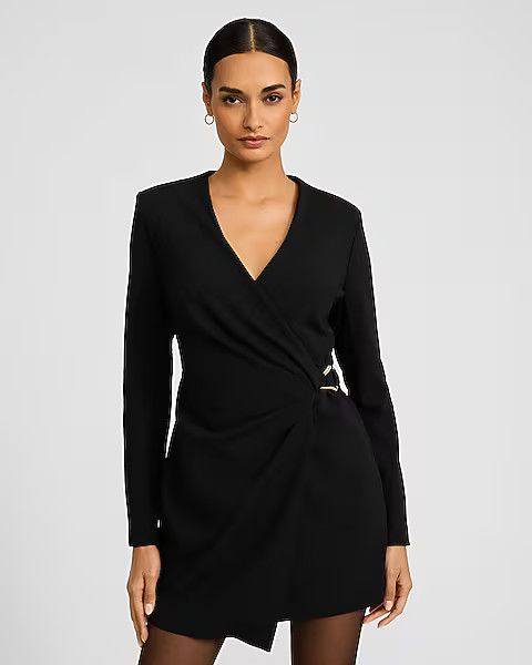 V-Neck Long Sleeve Hardware Wrap Mini Blazer Dress | Express