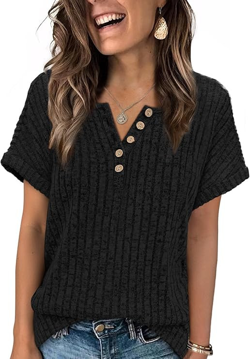 OFEEFAN Womens Short Sleeve Sweater Textured Tops Trendy Business Casual Outfits Work Blouses Fal... | Amazon (US)